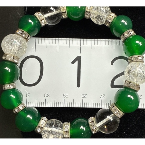 Vintage Green & Clear Bead Stretch Bracelet with Rhinestone Spacers Retro - Picture 3 of 5